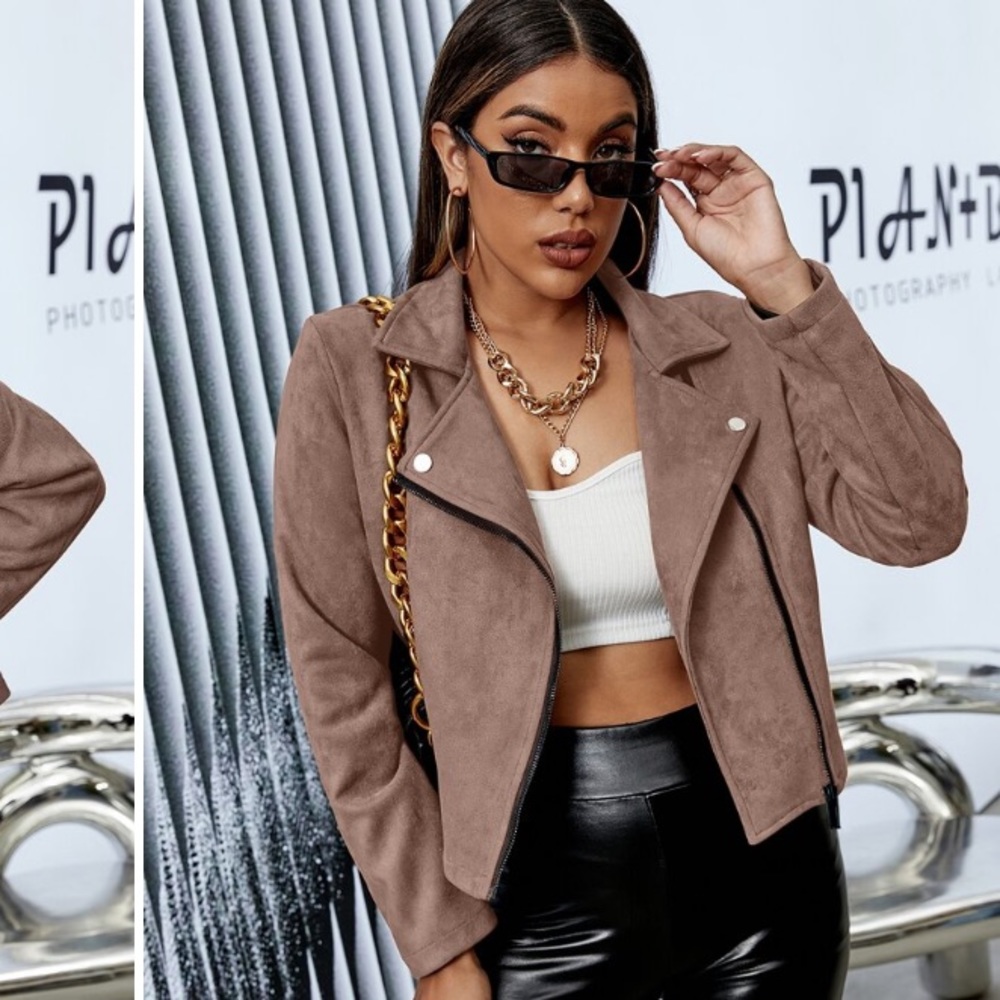 Suede Zip Up Jacket in Brown/Tan